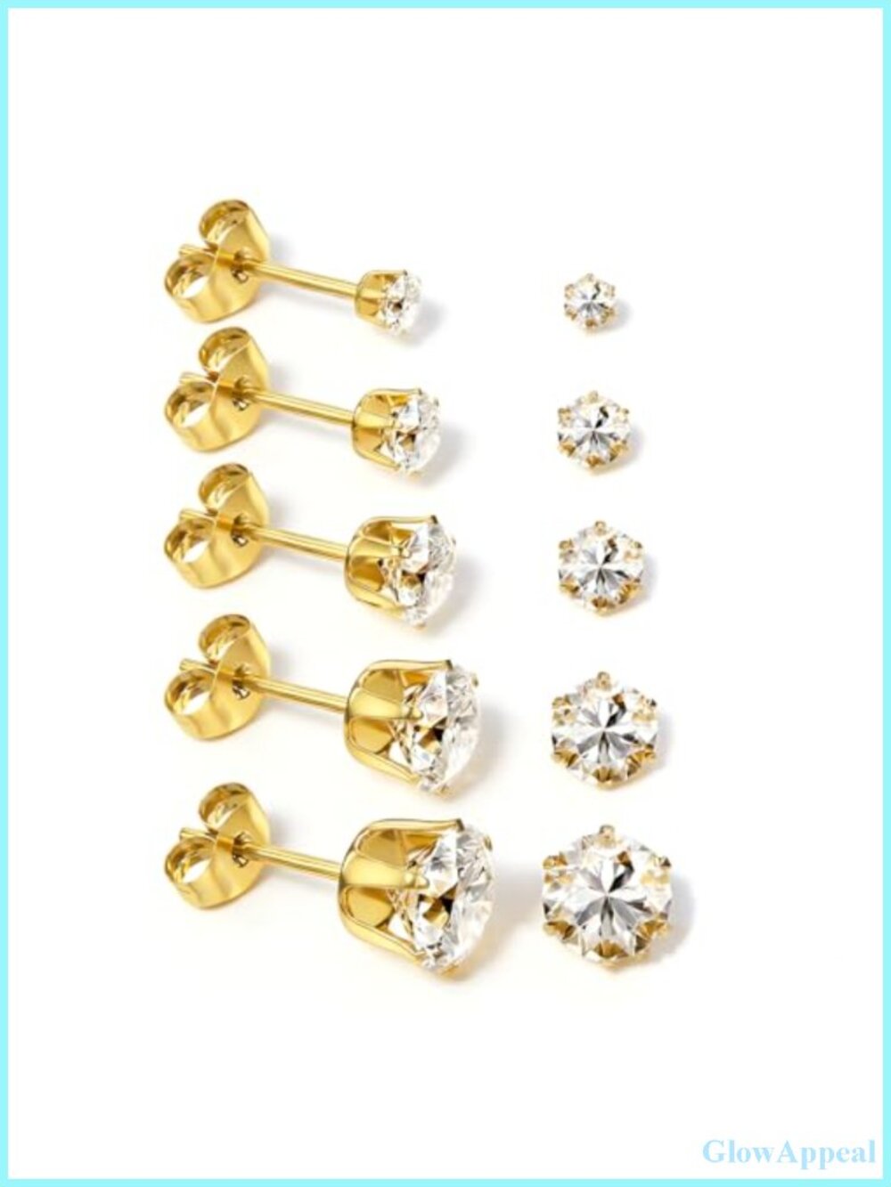 14K Gold Stainless Steel Stud Earrings Set 5 Pairs Hypoallergenic Cubic Zirconia